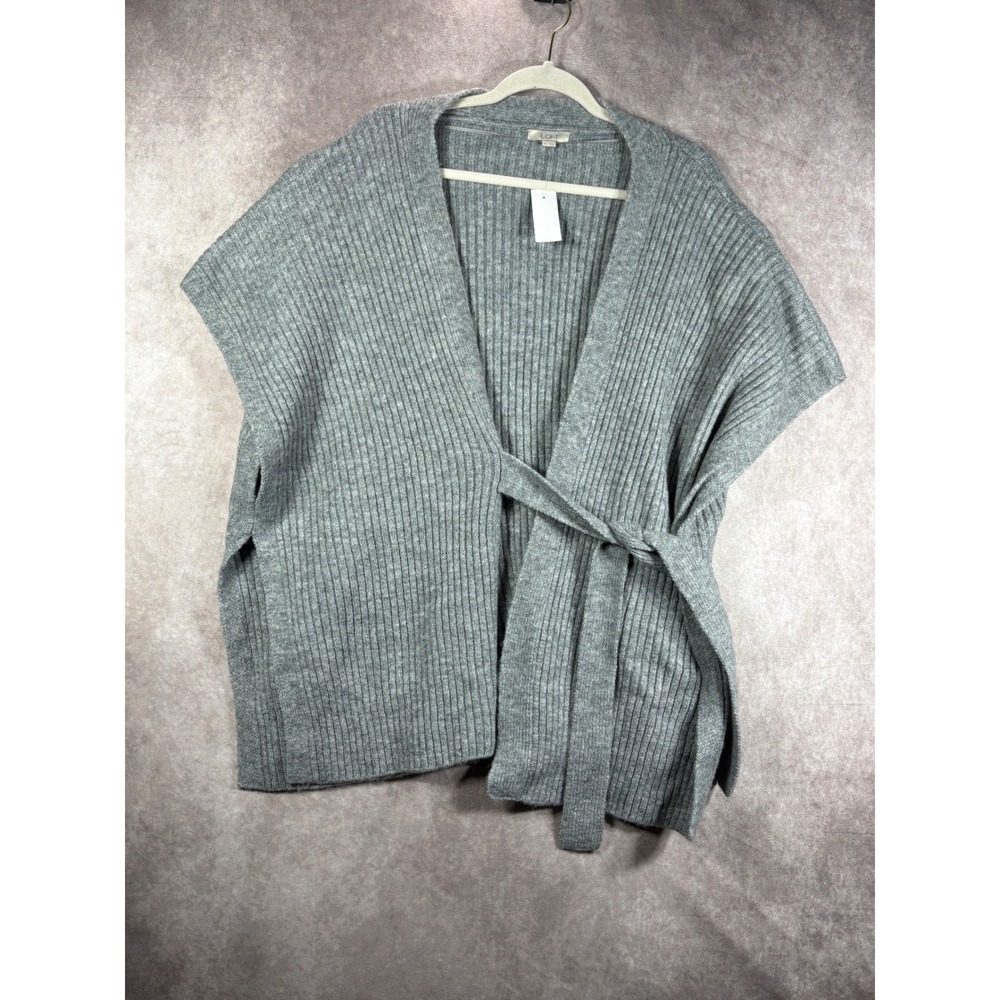 Loft Cardigan Women M/L Gray Ribbed Belted Poncho Sweater Open Front Stretch NEW